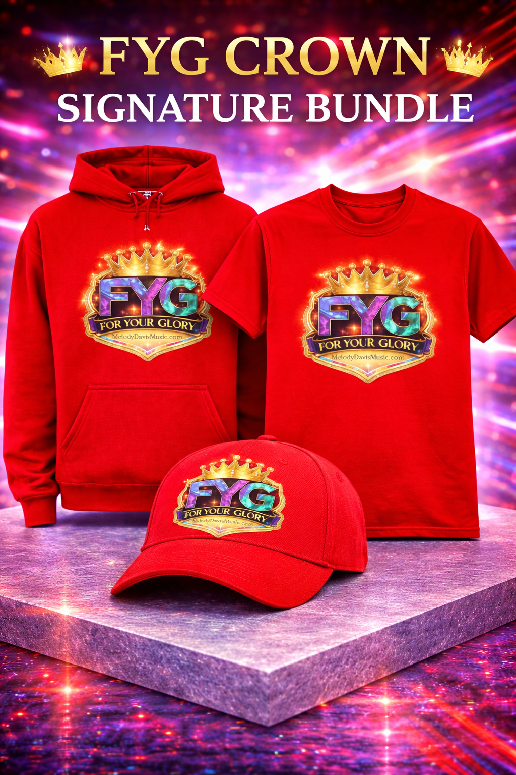 "FYG Crown Signature Bundle" includes (For Your Glory Download, Hoodie, Tee, and Cap)