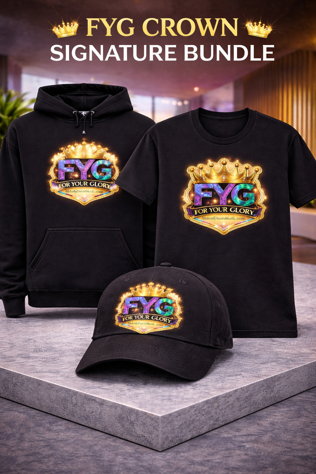 "FYG Crown Signature Bundle" includes (For Your Glory Download, Hoodie, Tee, and Cap)