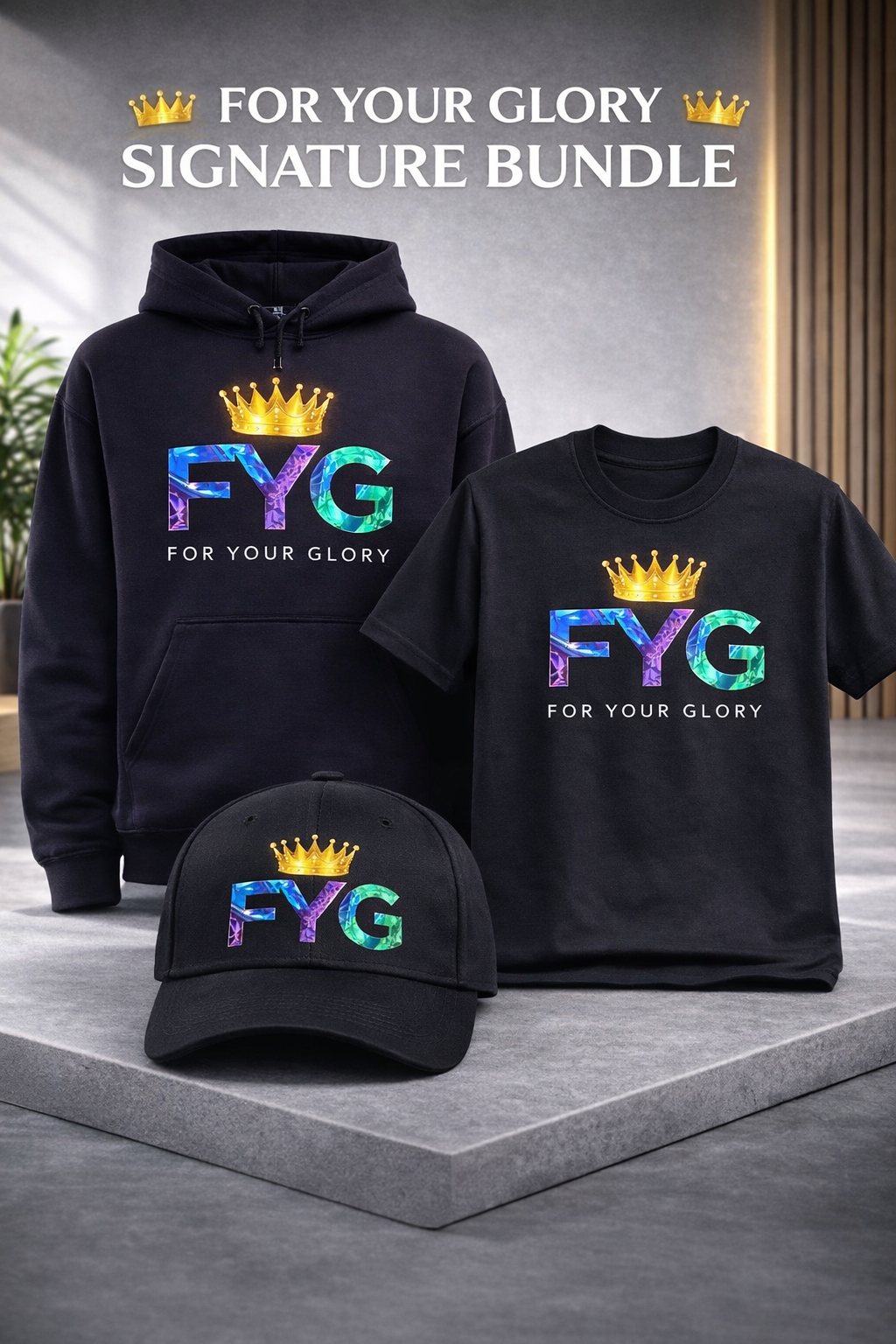 "For Your Glory Signature Bundle" includes (For Your Glory Download, Hoodie, Tee, and Cap)