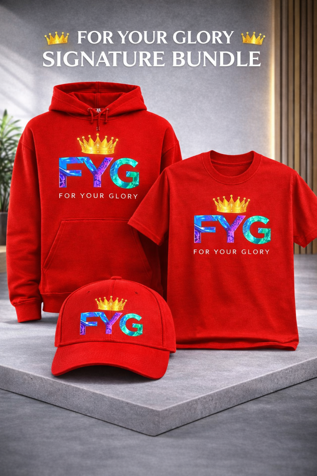"For Your Glory Signature Bundle" includes (For Your Glory Download, Hoodie, Tee, and Cap)
